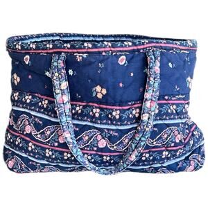 Vintage Navy Boho Floral Quilted Tote Bag Cottagecore Oversized